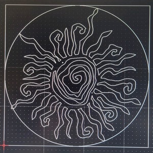 May include: A white line drawing of a sun design on a black background. The sun has a spiral centre and wavy lines extending outwards, enclosed within a circle. The design is simple and graphic.