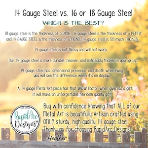 May include: A graphic comparing 14, 16, and 18 gauge steel, with text explaining thickness differences. The text states that 14 gauge steel is thicker and more durable. Includes the Rapid Arc Designs logo and website.