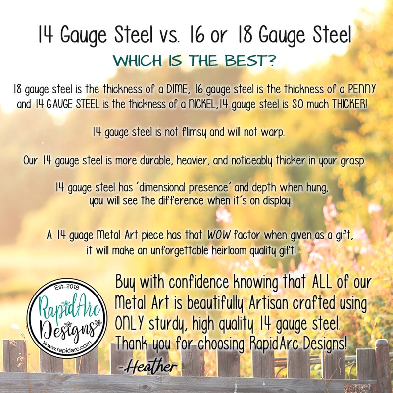 May include: A graphic comparing 14, 16, and 18 gauge steel, with text explaining thickness differences. The text states that 14 gauge steel is thicker and more durable. Includes the Rapid Arc Designs logo and website.