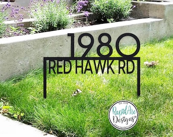 Modern Metal House Number Sign on Stakes | Ground Mount Address Plaque with Street Name | Custom Home Address Sign for Landscaping