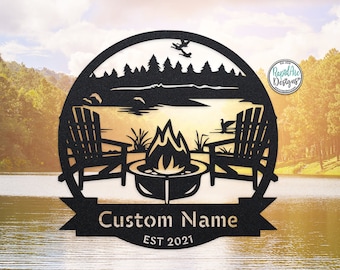 Metal Outdoor Sign | LAKE SCENE | Custom Campfire Name Sign | Camper RV Decor | Lake House Sign | Established Name Sign | River House Sign