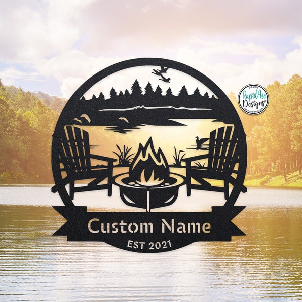 Campsite Monogram LAKE SCENE | Personalized Last Name Sign | Address Sign | Lake House Sign | Custom Metal Sign | Campfire | Outdoor Decor