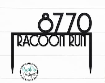 Mid Century Modern Metal House Number Sign with Stakes | Ground Mount Address Plaque with Street Name | Laser Cut Powder Coated Steel