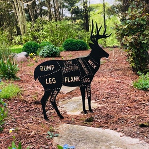 May include: Black metal silhouette of a deer with the different cuts of meat labeled. The deer is standing on a bed of brown mulch with green foliage and blue flowers in the foreground.
