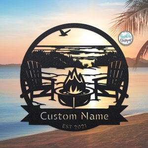 Custom BEACH SCENE Campfire Monogram | Personalized Metal Name Sign | Housewarming Gift | Lake House Sign | Outdoor Coastal Decor