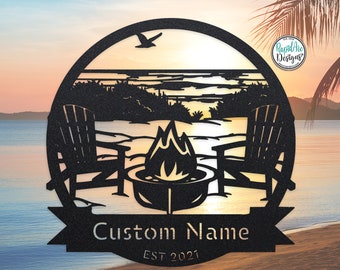 Custom BEACH SCENE Campfire Monogram | Personalized Metal Name Sign | Housewarming Gift | Lake House Sign | Outdoor Coastal Decor