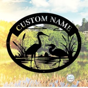 Heron Monogram | Custom Metal Sign | Heron Cattails Last Name Sign | Address Sign | Metal Wall Art | Outdoor Decor | Lake House Sign