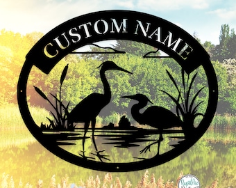Heron Monogram | Custom Metal Sign | Heron Cattails Last Name Sign | Address Sign | Metal Wall Art | Outdoor Decor