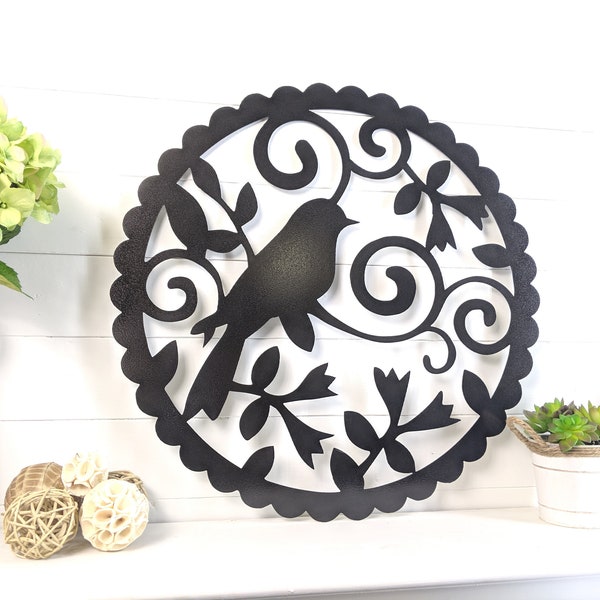 Scalloped Bird In Wreath Metal Wall Art | Powder Coated Steel
