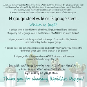 May include: Text graphic explaining the difference between 14 gauge, 16 gauge, and 18 gauge steel. The text states that 14 gauge steel is the thickness of a nickel, 16 gauge steel is the thickness of a penny, and 18 gauge steel is the thickness of a dime. The text also states that 14 gauge steel is more durable, heavier, and noticeably thicker than the other gauges. The text is surrounded by two potted succulent plants.