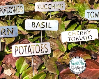 Metal Garden Row Marker Sign | Customizable Vegetable and Herb Sign with Stake | Metal Garden Art | Garden Plant Label | Garden Row Stake