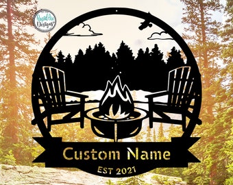 Campsite Monogram FOREST SCENE | Last Name Sign | Personalized Gift | Cabin Camper RV | Outdoor Decor | Camping Sign | Metal Wall Art