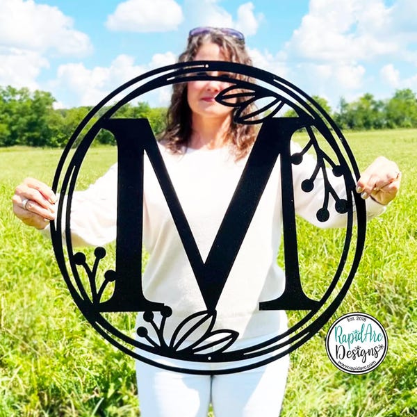Metal Monogram Wreath Sign – Custom Laser Cut Steel, Front Door Decor