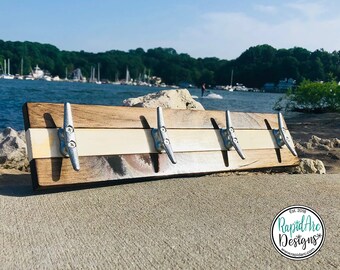 Nautical Boat Cleat Coat Rack -Wood Plank Rack with Metal Cleats -Beach Towel Purse Key Leash Wall Hooks -Walnut and Distressed White Finish