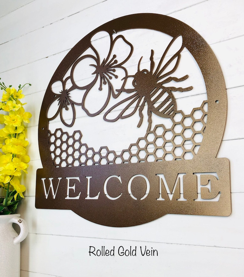 Customizable BEE Welcome Metal Sign Bee Keeper Porch Patio Garden Bee Lovers Gift Honeycomb Honey Bee Metal Wall Art Outdoor Decor image 2