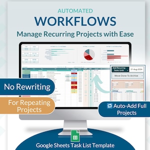 May include: A computer screen displaying a Google Sheets spreadsheet with a task list template. The spreadsheet is designed to help manage recurring projects with automated workflows. The text "No Rewriting" and "For Repeating Projects" is displayed on the screen. The text "Auto-Add Full Projects" is displayed on a button.