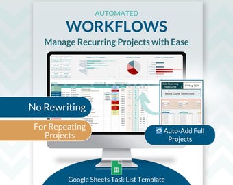 May include: A computer screen displaying a Google Sheets spreadsheet with a task list template. The spreadsheet is designed to help manage recurring projects with automated workflows. The text "No Rewriting" and "For Repeating Projects" is displayed on the screen. The text "Auto-Add Full Projects" is displayed on a button.