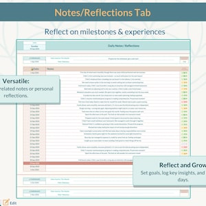 May include: A printable planner page with a light blue background and a pink and white grid. The page is titled "Notes/Reflections Tab" and includes the text "Reflect on milestones & experiences". The page is divided into two sections: "Daily Notes/Reflections" and "Reflect and Grow".