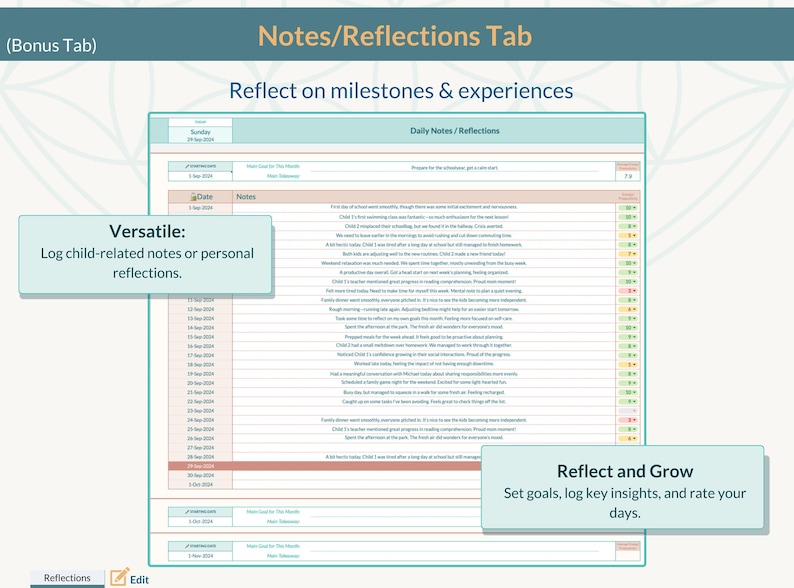 May include: A printable planner page with a light blue background and a pink and white grid. The page is titled "Notes/Reflections Tab" and includes the text "Reflect on milestones & experiences". The page is divided into two sections: "Daily Notes/Reflections" and "Reflect and Grow".