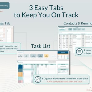 K&ouml;nnte beinhalten: Eine digitale Grafik, die eine Google Sheets-Oberfl&auml;che mit drei Registerkarten zeigt: Einstellungen, Aufgabenliste und Kontakte & Erinnerungen. Das Bild enth&auml;lt den Text "3 einfache Registerkarten, um Sie auf dem Laufenden zu halten" und Anweisungen.
