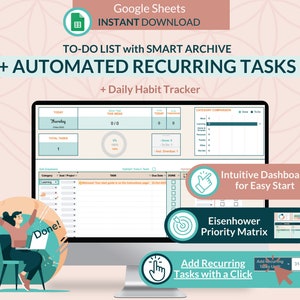 Google Sheets To-Do List Template - Recurring Task Tracker, Digital Productivity Planner |  Eisenhower Priority Matrix Spreadsheet