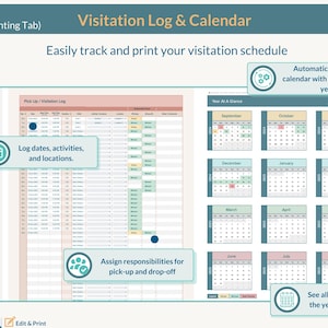 May include: A printable visitation log and calendar template. The template includes a year-at-a-glance calendar, a visitation log, and instructions for logging dates, activities, and locations. The template also includes instructions for assigning responsibilities for pick-up and drop-off.
