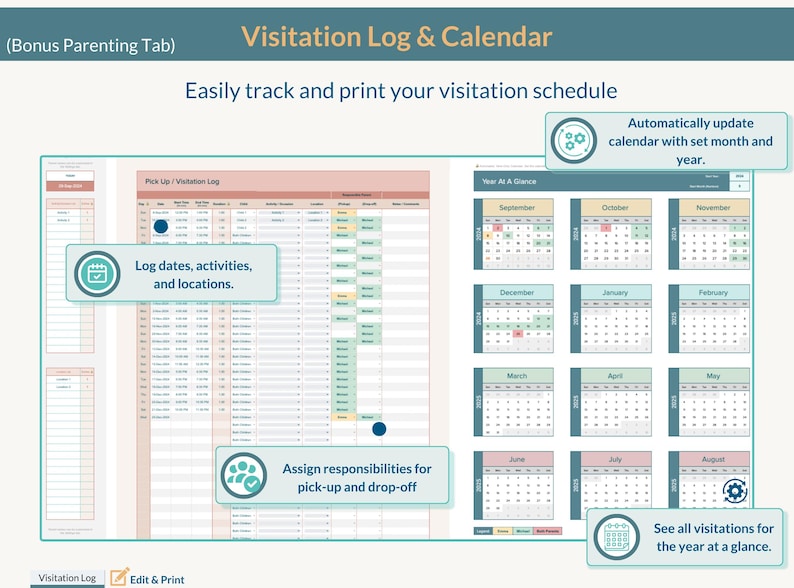 May include: A printable visitation log and calendar template. The template includes a year-at-a-glance calendar, a visitation log, and instructions for logging dates, activities, and locations. The template also includes instructions for assigning responsibilities for pick-up and drop-off.