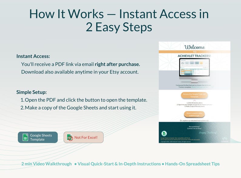 K&ouml;nnte beinhalten: T&uuml;rkis-wei&szlig;e Grafik mit der Aufschrift &bdquo;How It Works - Instant Access in 2 Easy Steps&ldquo;. Anweisungen umfassen sofortigen Zugriff per PDF und eine einfache Anleitung f&uuml;r Google Sheets. Das Bild enth&auml;lt auch einen Willkommensbildschirm f&uuml;r &bdquo;ACHIEVLET TRACKERS&ldquo;.
