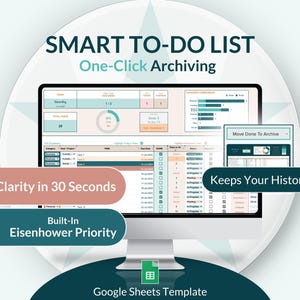 May include: A computer monitor displaying a to-do list template in Google Sheets. The screen shows a task list with color-coded sections and charts. Text on the screen includes "SMART TO-DO LIST", "One-Click Archiving", "Clarity in 30 Seconds", and "Built-In Eisenhower Priority".