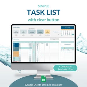 May include: A computer monitor displays a task list template. The screen shows a task management layout with sections for active tasks, today, tomorrow, and this week. Text on the screen includes "SIMPLE TASK LIST" and "Google Sheets Task List Template."