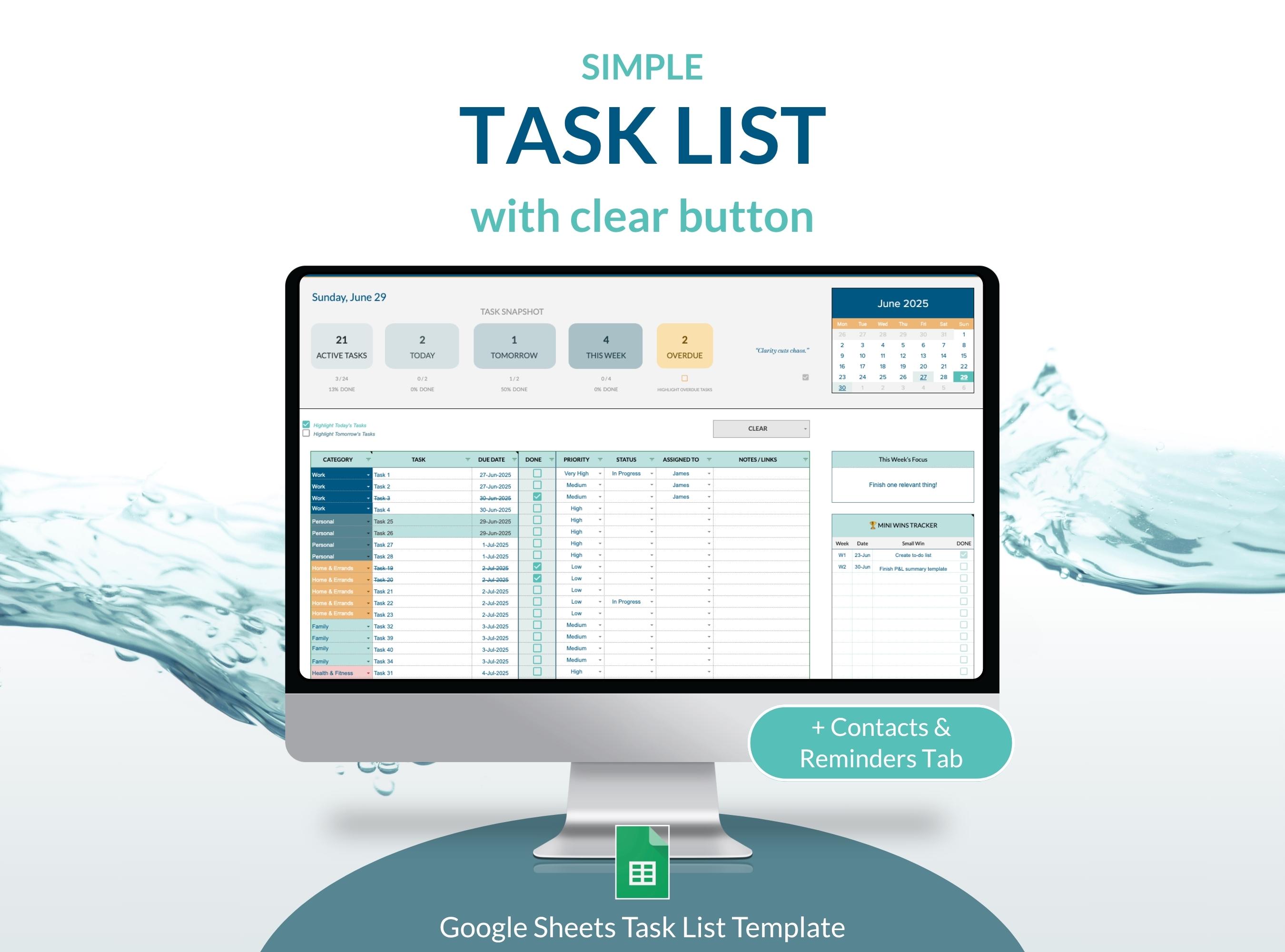 Google Sheets Task Tracker: Daily To-Do List, Birthday Reminders (Digital Download)