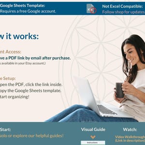 May include: A woman sits on a couch with a laptop and a cup of coffee. The text on the screen reads "Google Sheets Template: Requires a free Google account." The text on the right side of the image reads "Not Excel Compatible: Follow shop for updates!"