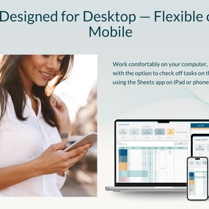 K&ouml;nnte beinhalten: Das Bild zeigt einen Laptop, ein Tablet und ein Telefon, die eine Tabellenkalkulations-Oberfl&auml;che anzeigen. Der Text lautet "Designed for Desktop - Flexible on Mobile". Eine Person h&auml;lt ein Telefon. Der Text erw&auml;hnt auch die Sheets-App.