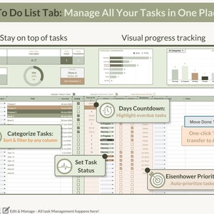 May include: A green and white to-do list spreadsheet with a tab labelled "To Do List Tab: Manage All Your Tasks in One Place". The spreadsheet has a visual progress tracking section with a pie chart, bar graphs, and a table with checkboxes. The spreadsheet also has a section for categorising tasks, setting task status, and a days countdown feature.
