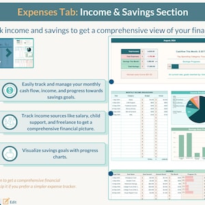 May include: A screenshot of a budgeting spreadsheet with a green, blue, and white color scheme. The spreadsheet includes sections for tracking income, expenses, and savings goals. The text "Expenses Tab: Income & Savings Section" is at the top of the image.