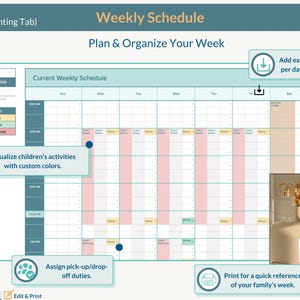 May include: A weekly schedule template with a grid layout for planning and organizing your week. The template includes a section for visualizing children's activities with custom colors, assigning pick-up and drop-off duties, and printing for quick reference.