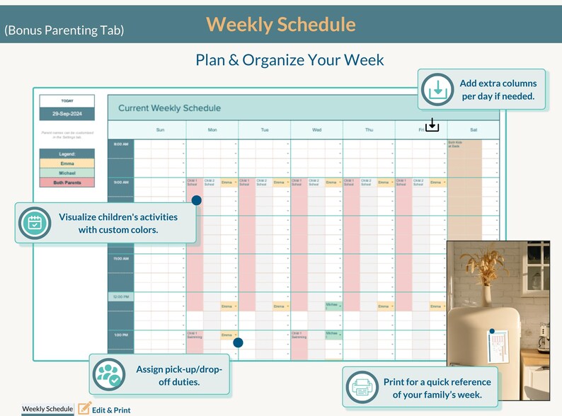 May include: A weekly schedule template with a grid layout for planning and organizing your week. The template includes a section for visualizing children's activities with custom colors, assigning pick-up and drop-off duties, and printing for quick reference.
