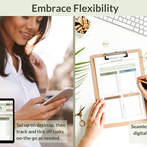May include: A woman uses a digital planner on her phone while another woman uses a paper planner on a clipboard. The text on the image reads "Embrace Flexibility" and "Set up on desktop, then track and tick off tasks on-the-go as needed." and "Seamlessly merge digital and paper planning."