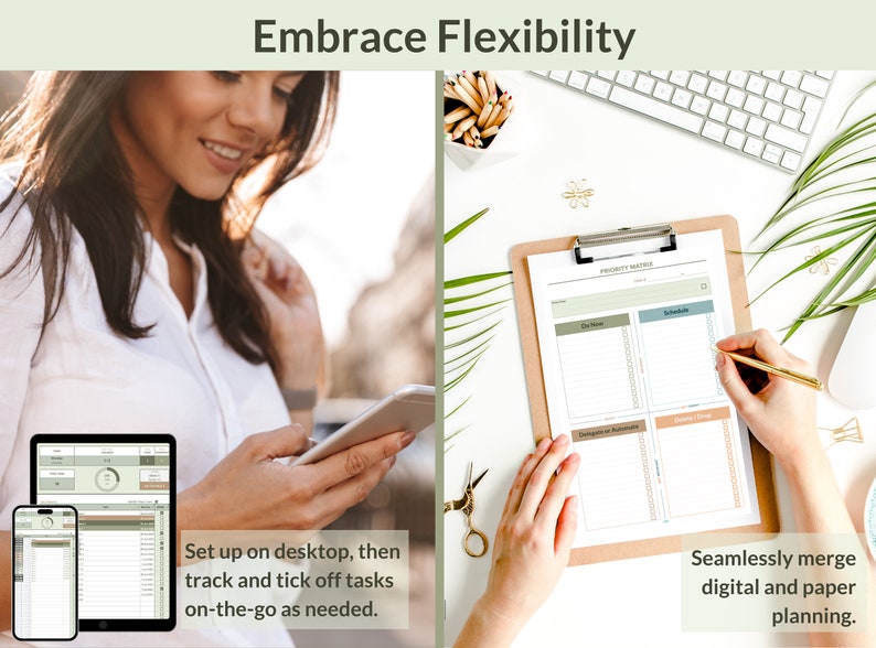 May include: A woman uses a digital planner on her phone while another woman uses a paper planner on a clipboard. The text on the image reads "Embrace Flexibility" and "Set up on desktop, then track and tick off tasks on-the-go as needed." and "Seamlessly merge digital and paper planning."