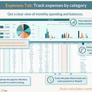 May include: A screenshot of a computer screen showing a spreadsheet with a chart and graphs. The spreadsheet is titled "Expenses Tab: Track expenses by category". The chart shows a pie chart with different colored sections. The graphs show bar charts with different colored bars. The text on the screen says "Get a clear view of monthly spending and balances."