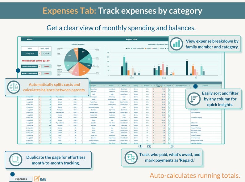 May include: A screenshot of a computer screen showing a spreadsheet with a chart and graphs. The spreadsheet is titled "Expenses Tab: Track expenses by category". The chart shows a pie chart with different colored sections. The graphs show bar charts with different colored bars. The text on the screen says "Get a clear view of monthly spending and balances."