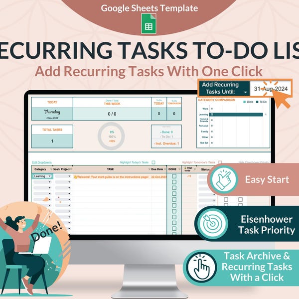 Шаблон списка дел в Google Sheets — трекер повторяющихся задач, цифровой планировщик производительности | Таблица матрицы приоритетов Эйзенхауэра