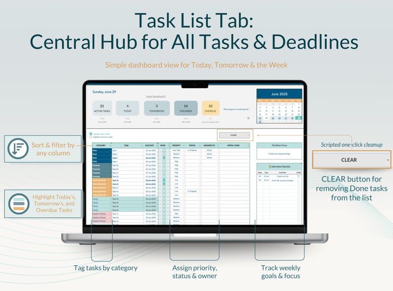 K&ouml;nnte beinhalten: Ein Laptop-Bildschirm, der ein Task-Listen-Dashboard mit dem Titel "Task List Tab: Central Hub for All Tasks & Deadlines" anzeigt. Zu den Funktionen geh&ouml;ren Sortieren, Filtern, Hervorheben von Aufgaben und Zuweisen von Priorit&auml;ten. Der Bildschirm zeigt einen Kalender und eine "CLEAR"-Schaltfl&auml;che.