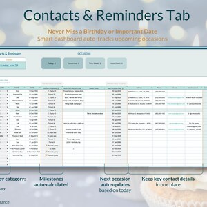 K&ouml;nnte beinhalten: Digitales Dashboard "Contacts & Reminders Tab" in Hellblau und Wei&szlig;. Es zeigt einen Kalender, Kontaktdaten und bevorstehende Ereignisse an. Der Text lautet "Verpassen Sie nie einen Geburtstag oder ein wichtiges Datum".
