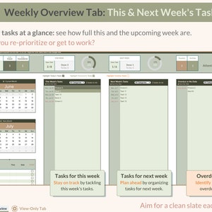 May include: A green and white weekly overview tab with a calendar, task lists, and a section for overdue tasks. The text "Weekly Overview Tab: This & Next Week's Tasks" is at the top of the image. The text "Pending tasks at a glance: see how full this and the upcoming week are. Should you re-prioritise or get to work?" is below the title. The text "Tasks for this week" is in a green box. The text "Tasks for next week" is in a green box. The text "Overdue tasks" is in a peach box. The text "Aim for a clean slate each week!" is at the bottom of the image.