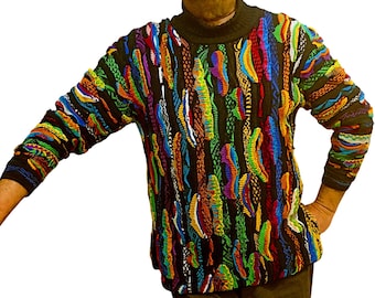 COOGI Australia Sweater Multicolor 3D Textured Chunky Knit 90s Biggie L Turtleneck Vintage