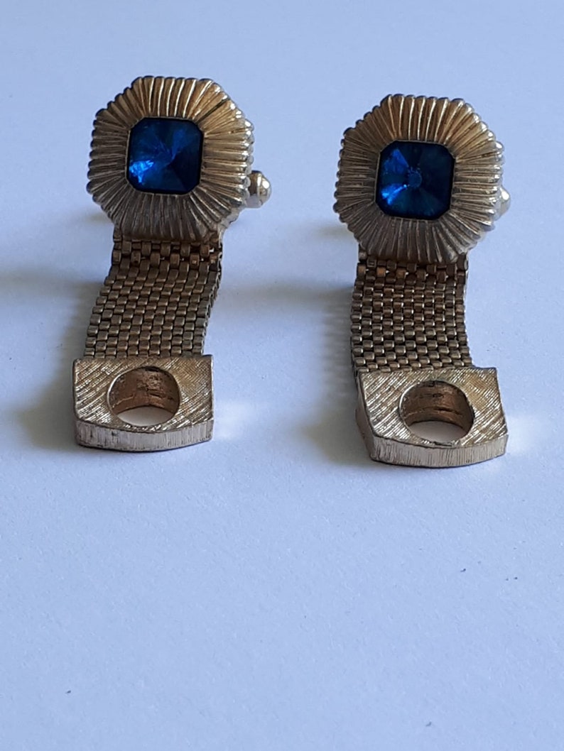 Vintage Swank Wrap Around Cufflinks Gold Tone Blue Glass Stone