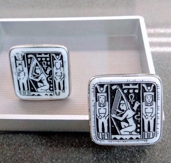Vintage Silver Cufflinks Hieroglyphics Black Whit… - image 4
