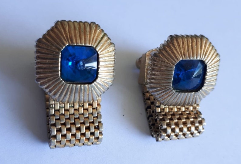 Vintage Swank Wrap Around Cufflinks Gold Tone Blue Glass Stone