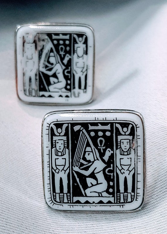 Vintage Silver Cufflinks Hieroglyphics Black Whit… - image 5